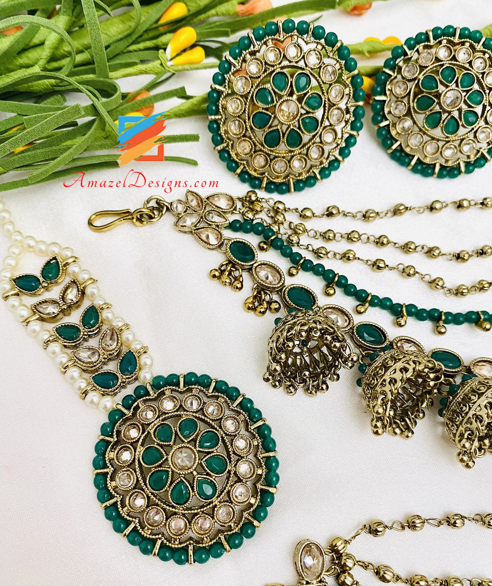 Green Emerald Polki Studs With Layer Of Jhumkis Detachable Sharas Tikka Set