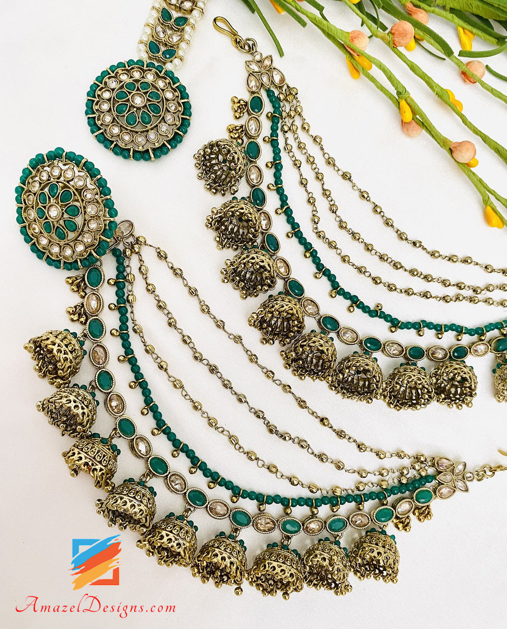 Green Emerald Polki Studs With Layer Of Jhumkis Detachable Sharas Tikka Set