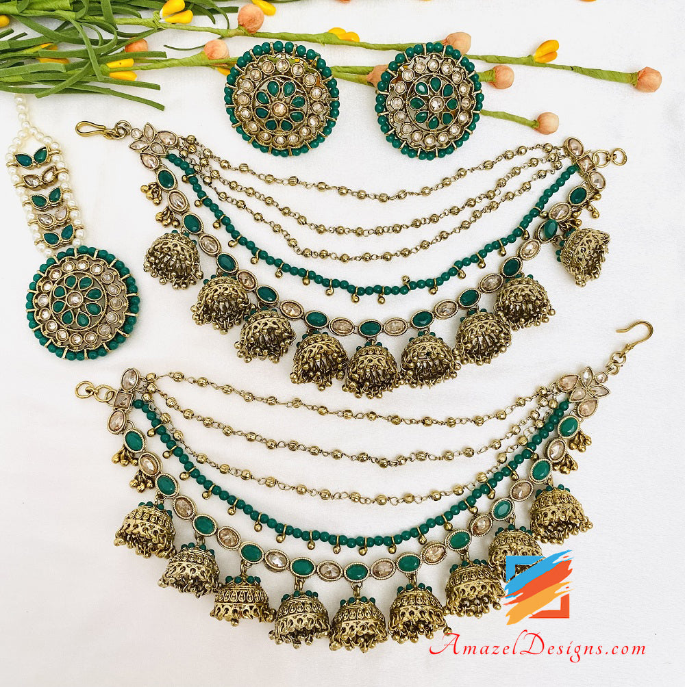 Green Emerald Polki Studs With Layer Of Jhumkis Detachable Sharas Tikka Set