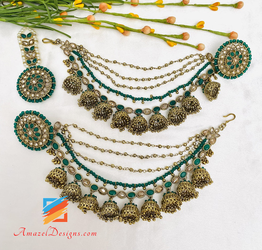 Green Emerald Polki Studs With Layer Of Jhumkis Detachable Sharas Tikka Set