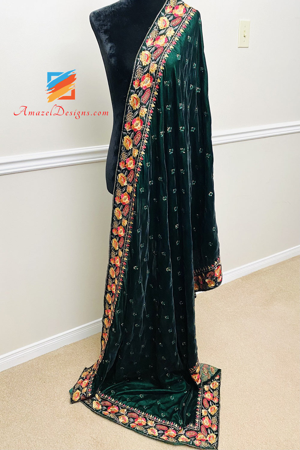 Green Emerald Velvet Shawl Thread Tilla Work