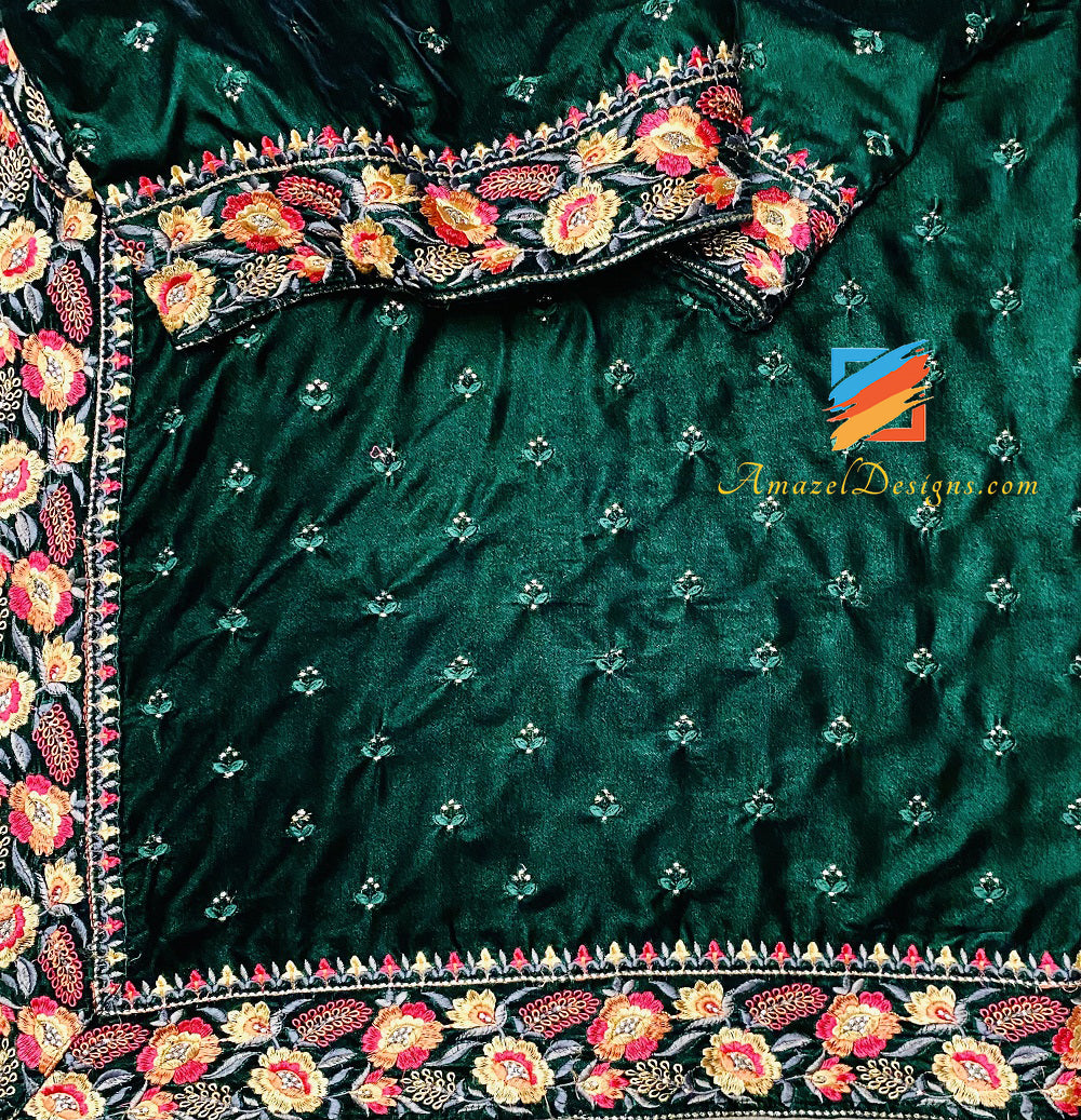 Green Emerald Velvet Shawl Thread Tilla Work