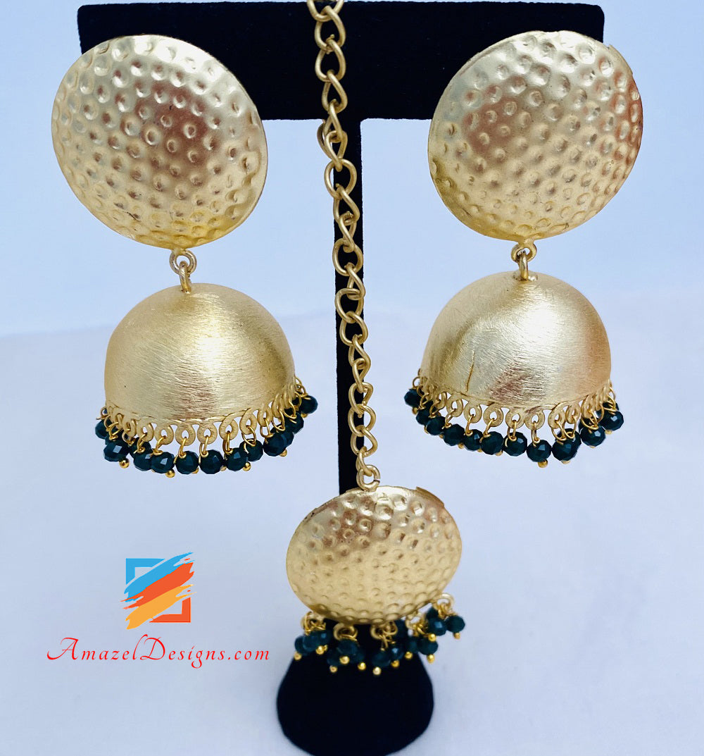 Set Tikka Jhumki estremamente leggero verde dorato
