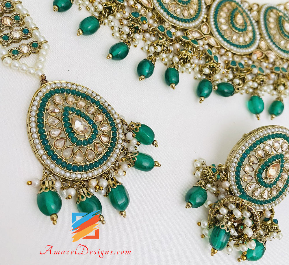 Insieme verde di Tikka degli orecchini della collana del choker di Polki di alta qualità