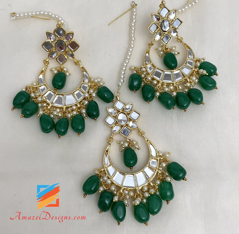 Verde Kundan Sheesha Choker Orecchini Tikka Set