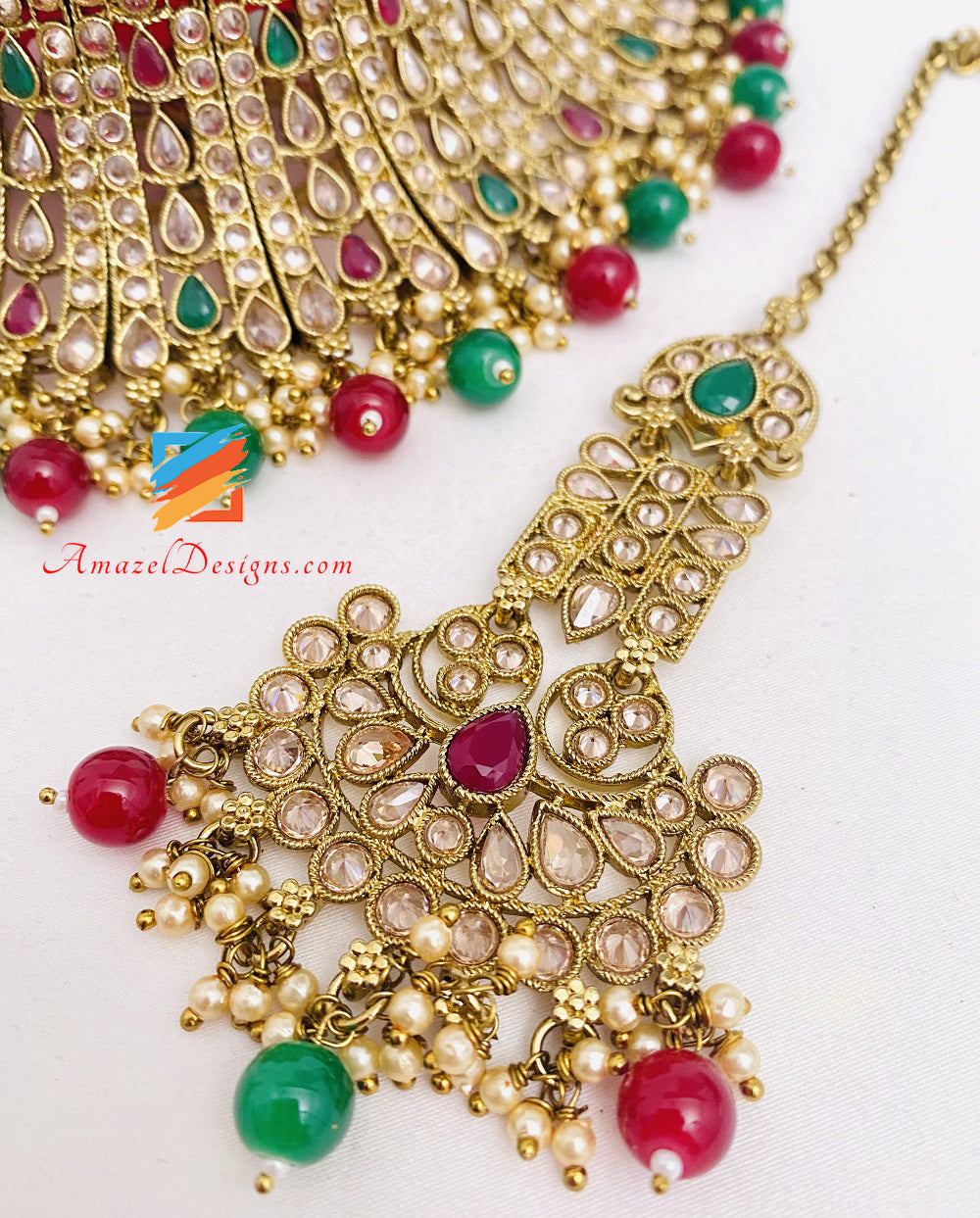 Green Maroon Ruby Choker Earrings Tikka Set