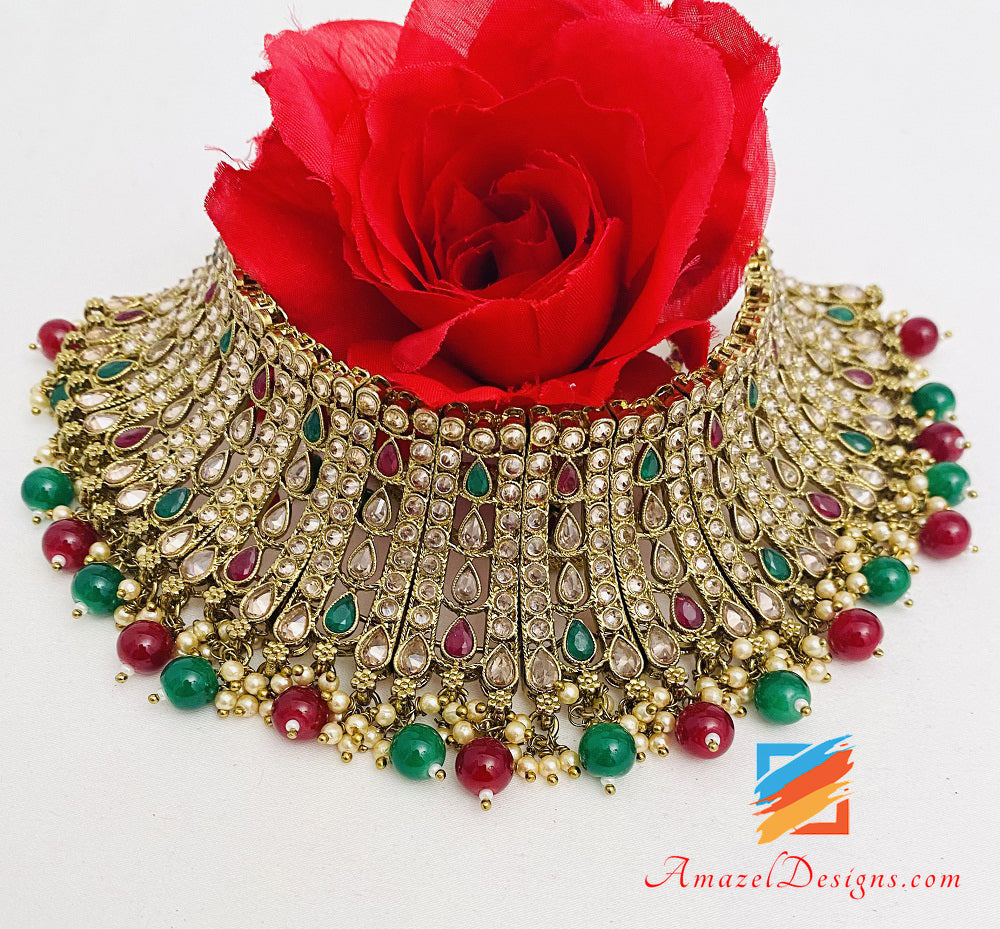 Green Maroon Ruby Choker Earrings Tikka Set