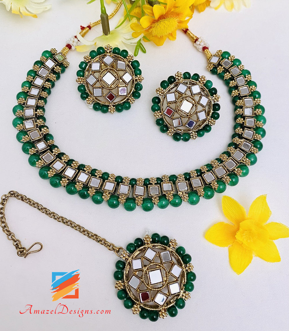 Green Mirror Single Line Choker Necklace Studs Earrings Tikka Set