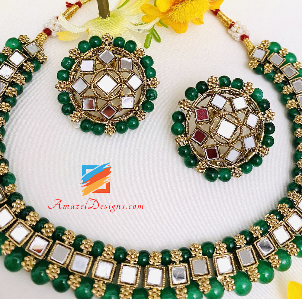 Green Mirror Single Line Choker Necklace Studs Earrings Tikka Set