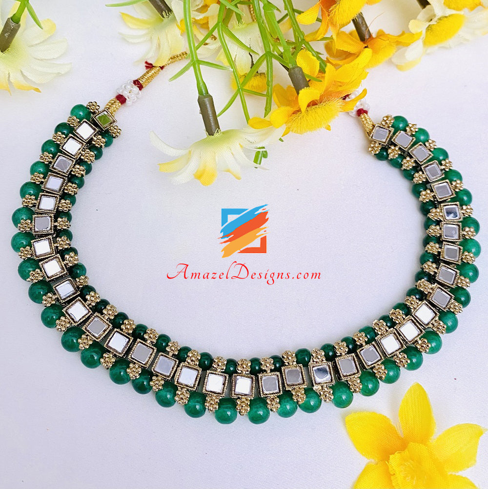 Green Mirror Single Line Choker Necklace Studs Earrings Tikka Set