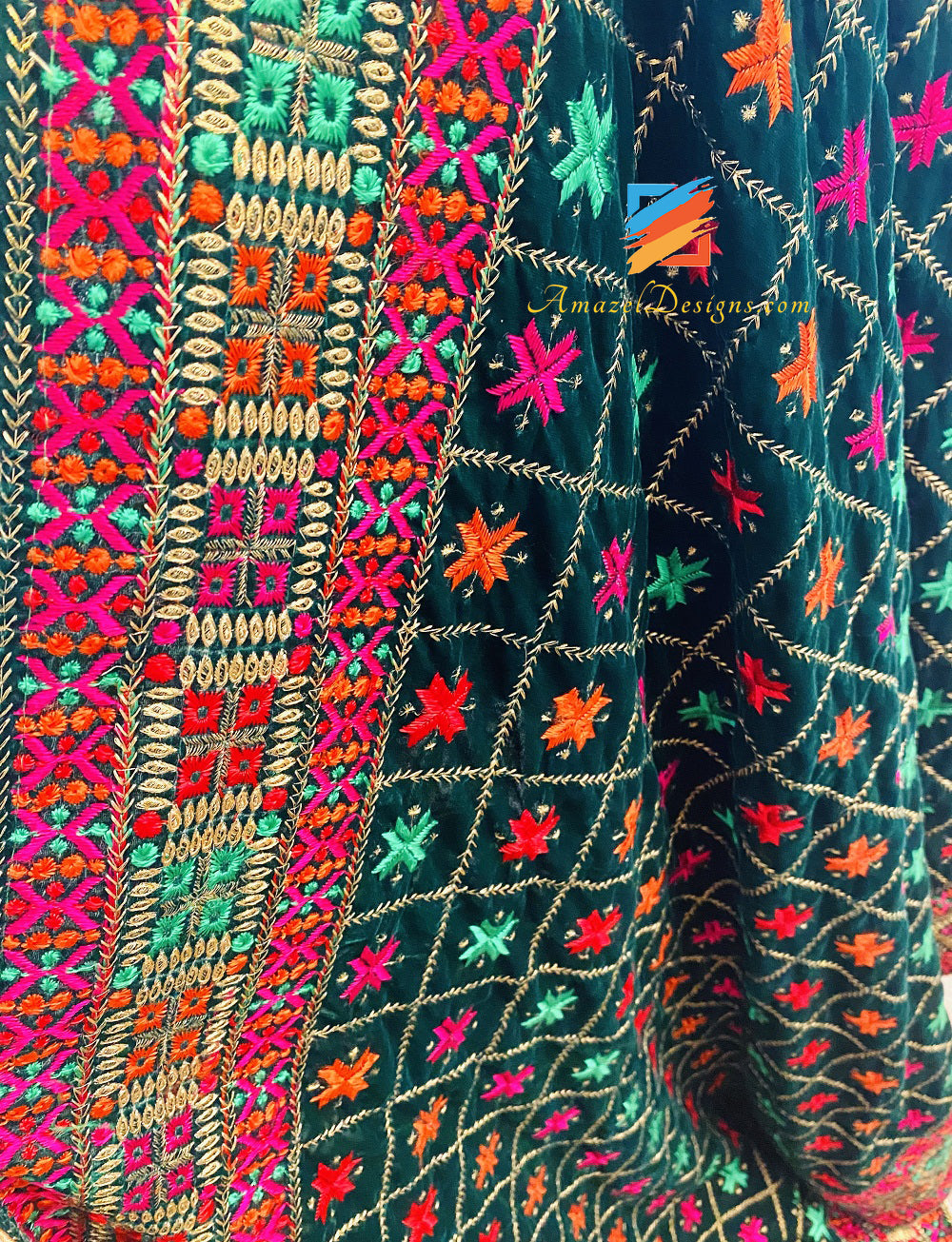 Scialle in velluto stile Fulkari multicolore verde