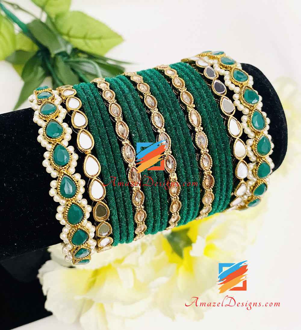 Green Polki And Sheesha Kada Bangles Set