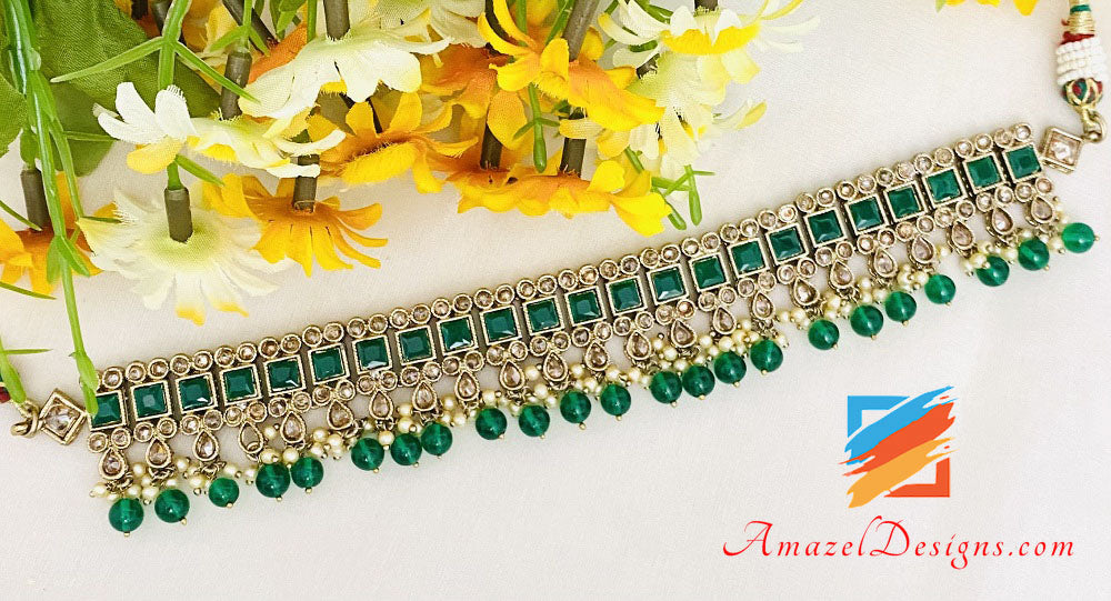 Green Polki Choker Earrings Tikka Set