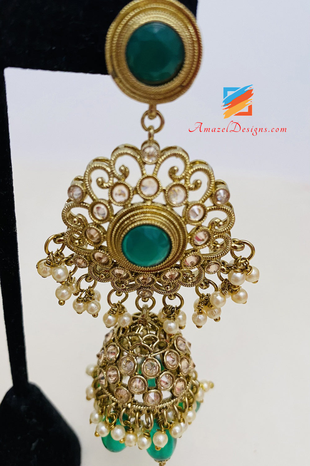 Green Polki Kundan Necklace Long Earrings Tikka Set