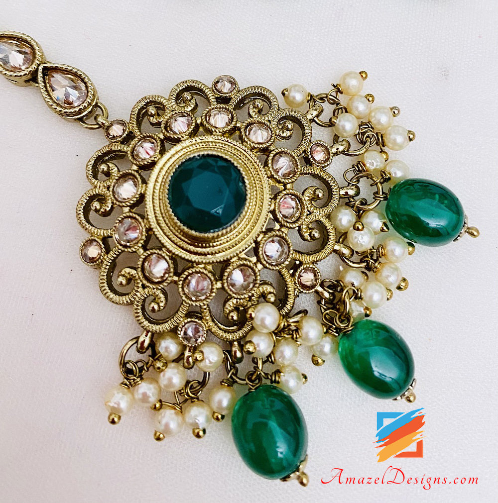 Green Polki Kundan Necklace Long Earrings Tikka Set