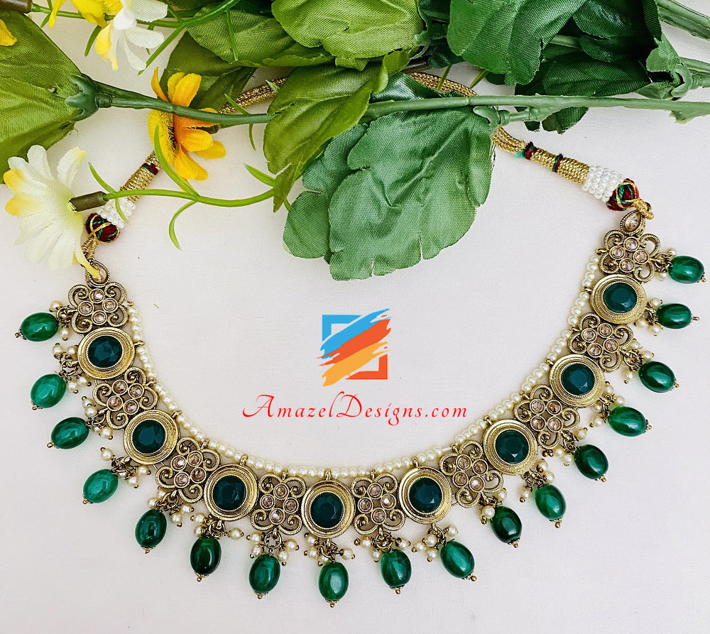 Green Polki Kundan Necklace Long Earrings Tikka Set