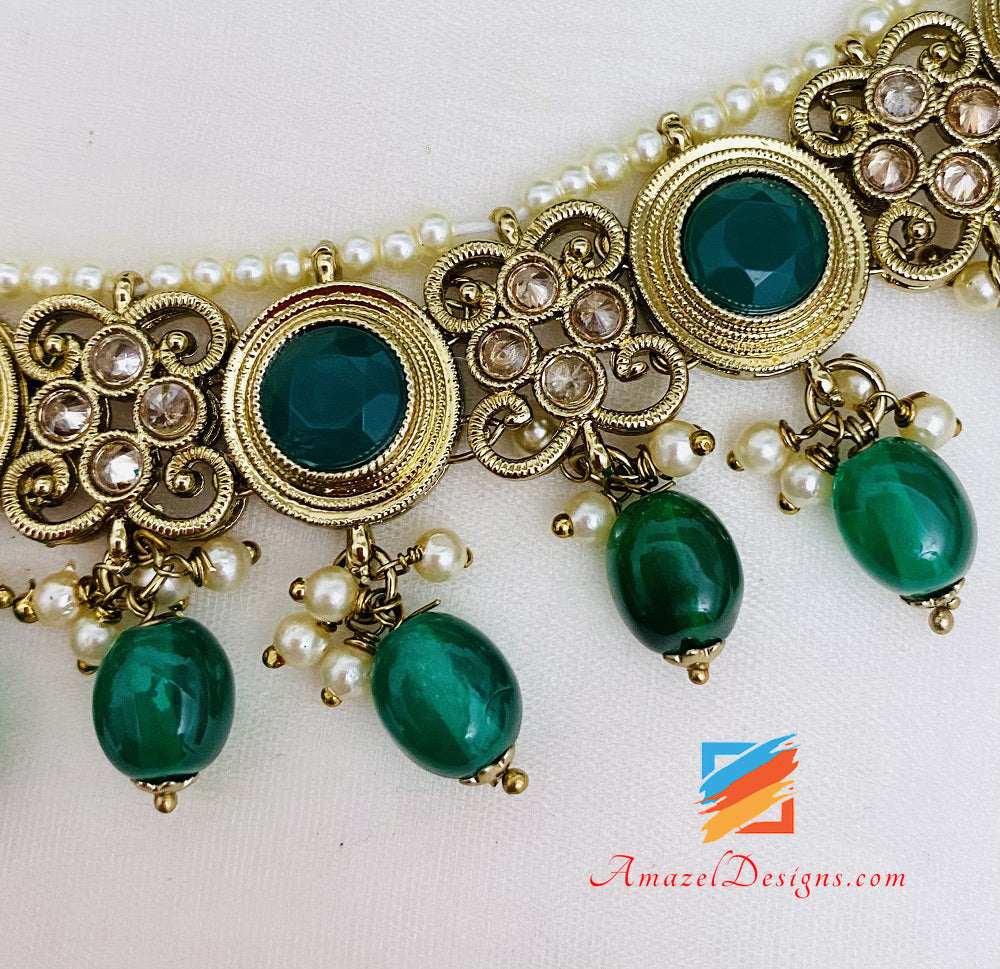 Green Polki Kundan Necklace Long Earrings Tikka Set