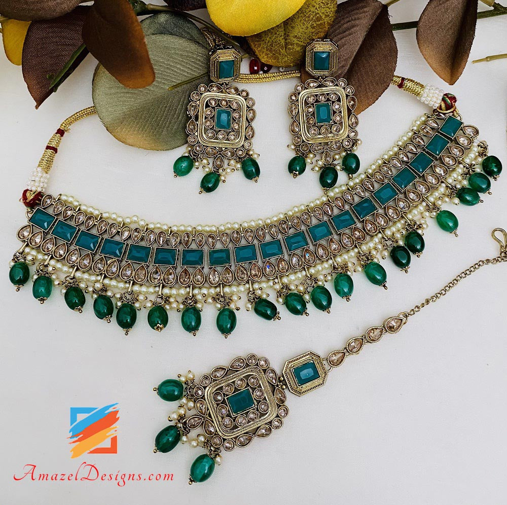 Green Polki Necklace Earrings Tikka Set