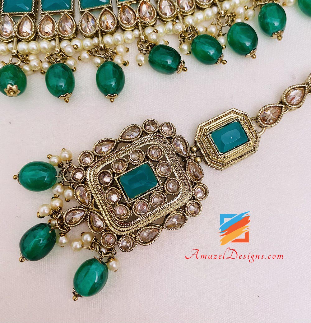 Green Polki Necklace Earrings Tikka Set