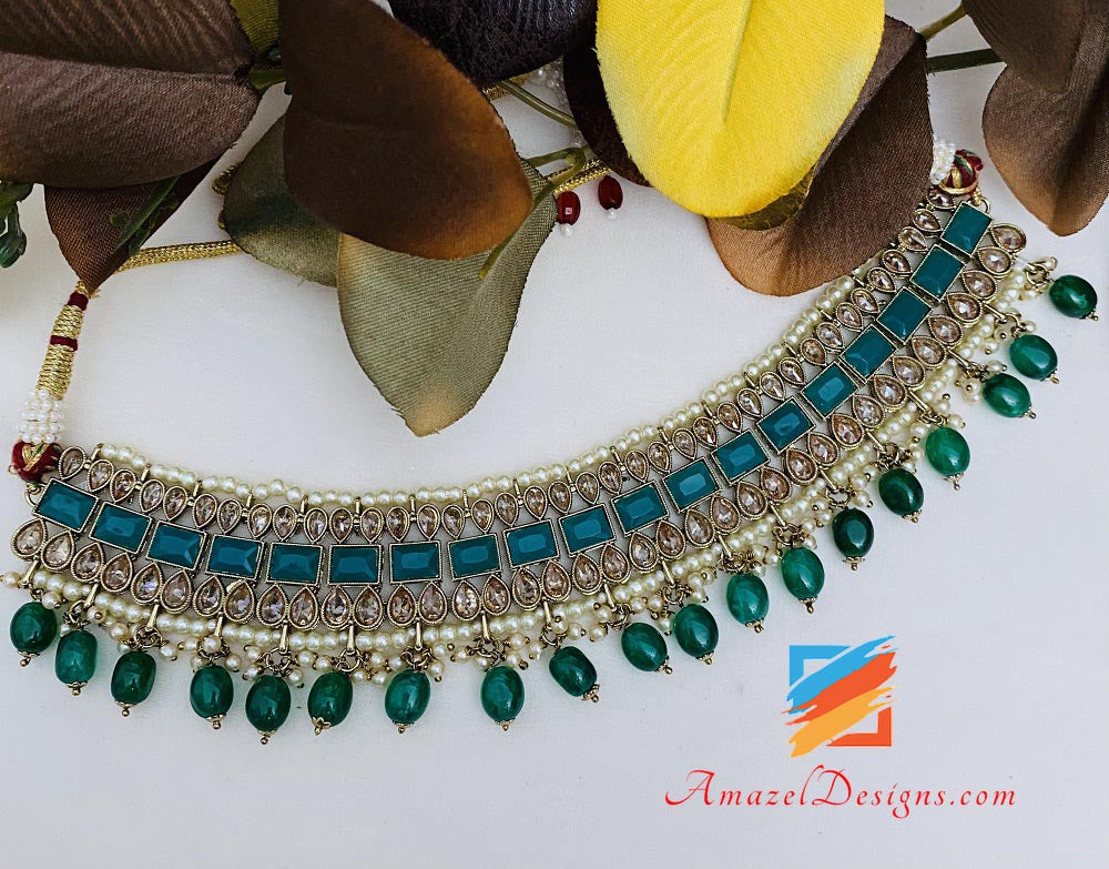 Green Polki Necklace Earrings Tikka Set