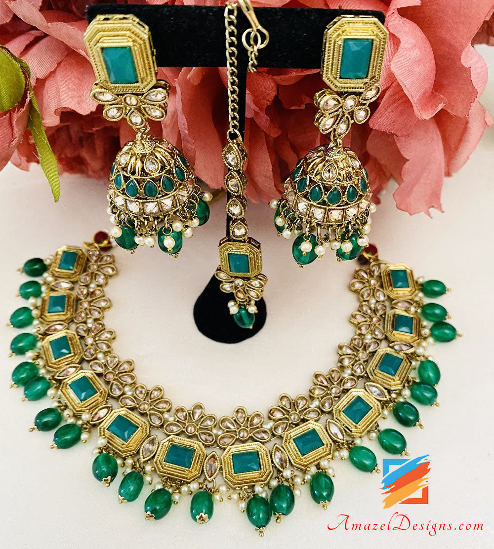 Green Polki Necklace Jhumki Earrings Tikka Set