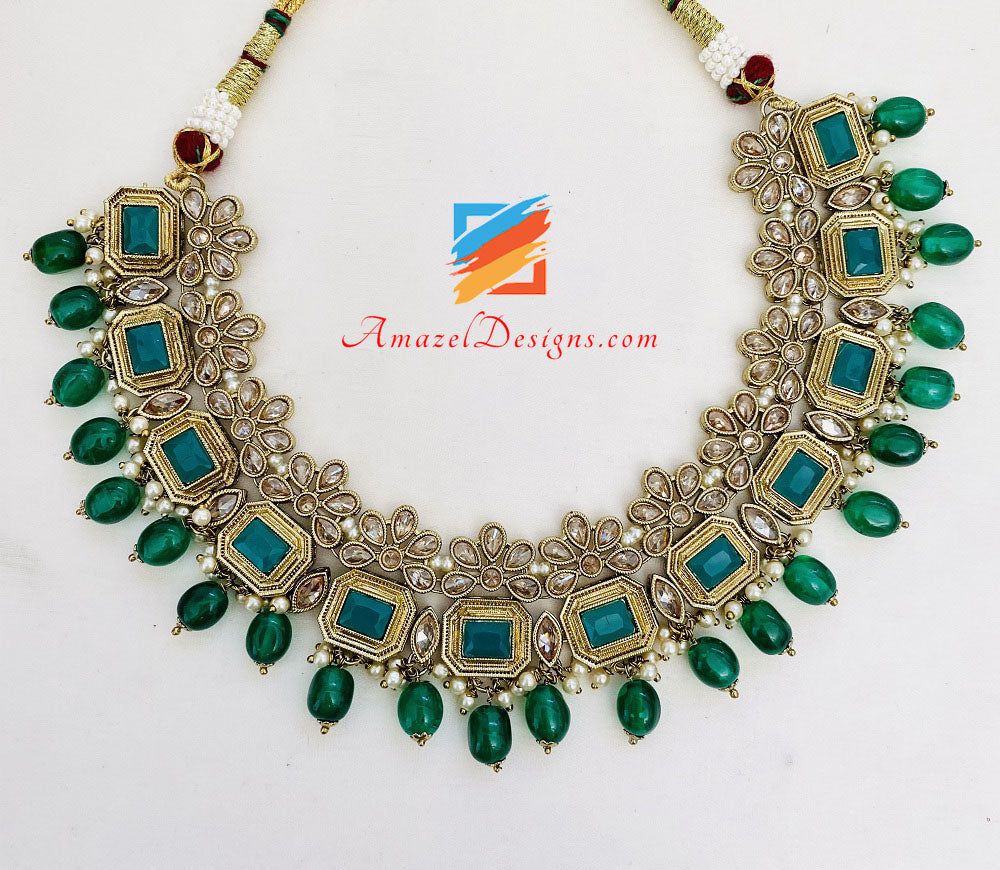 Green Polki Necklace Jhumki Earrings Tikka Set