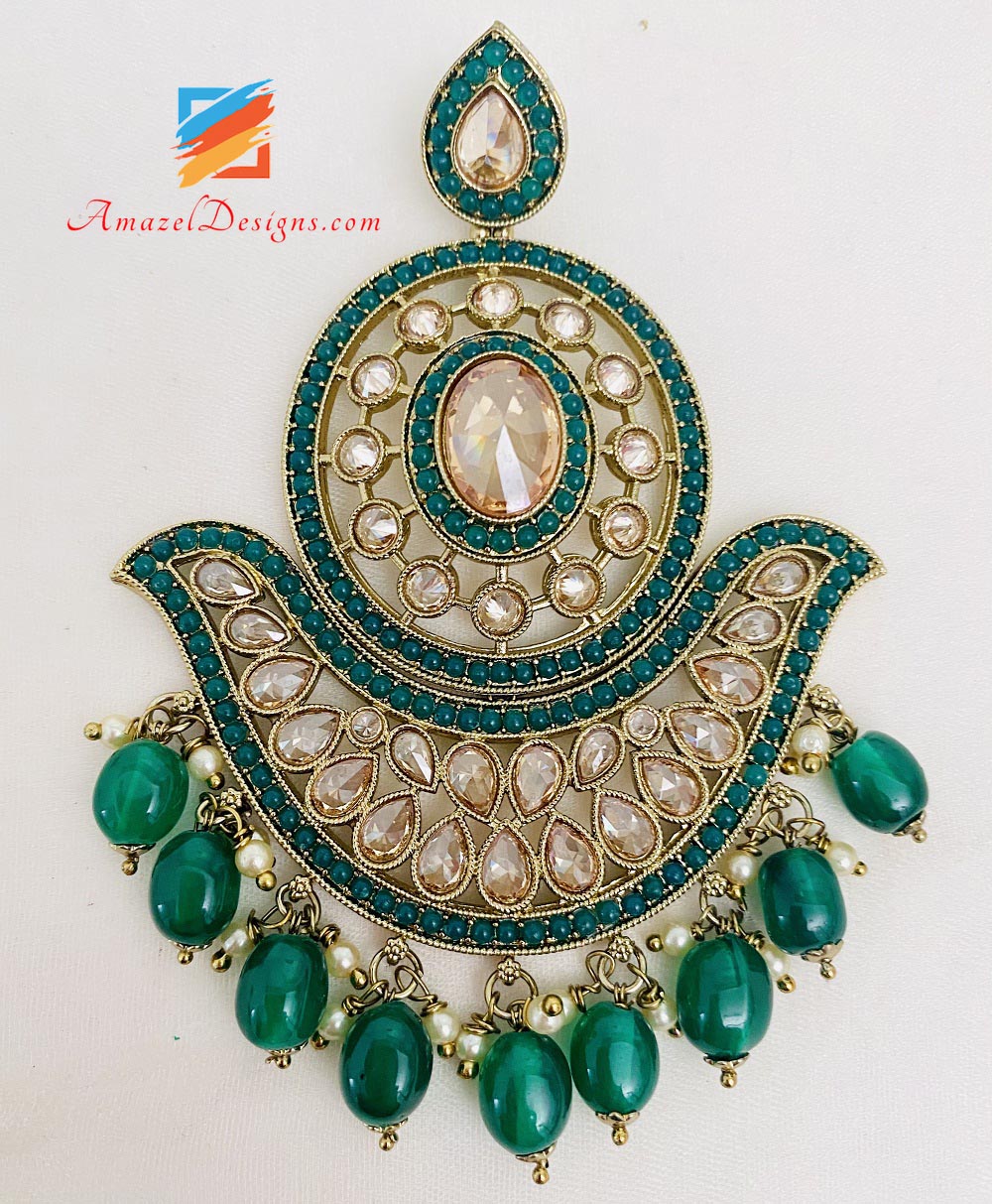 Green Polki Oversized Earrings And Tikka Set