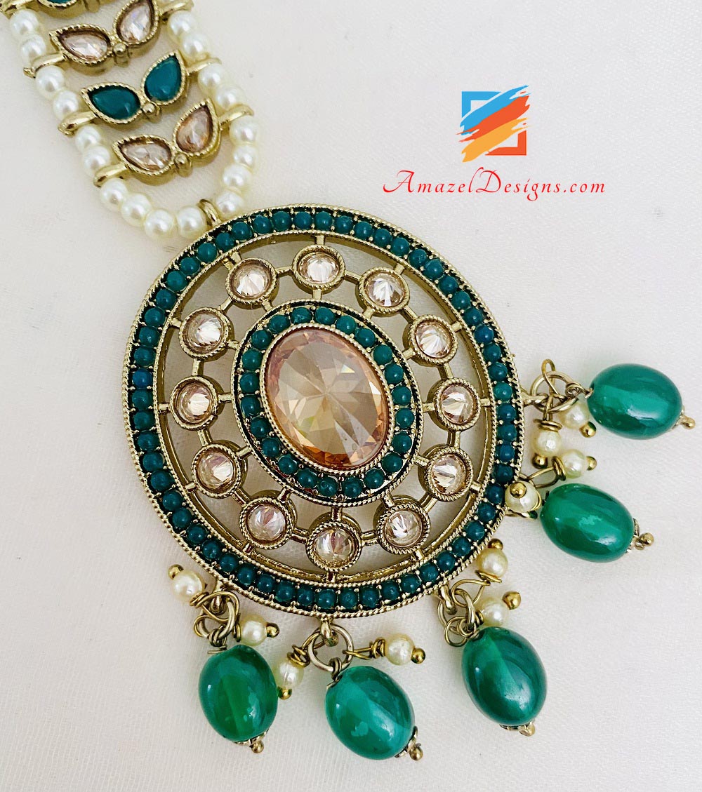 Green Polki Oversized Earrings And Tikka Set