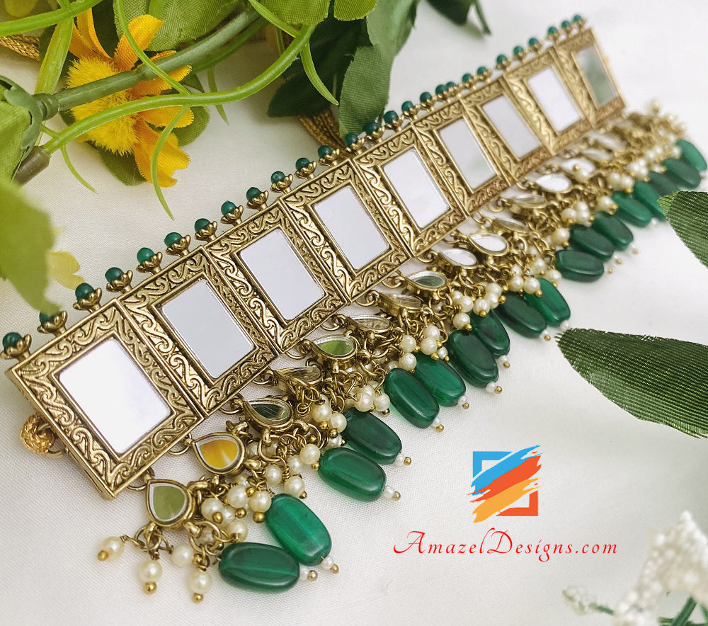 Green Sheesha Girocollo Orecchini Jhumki Set Tikka