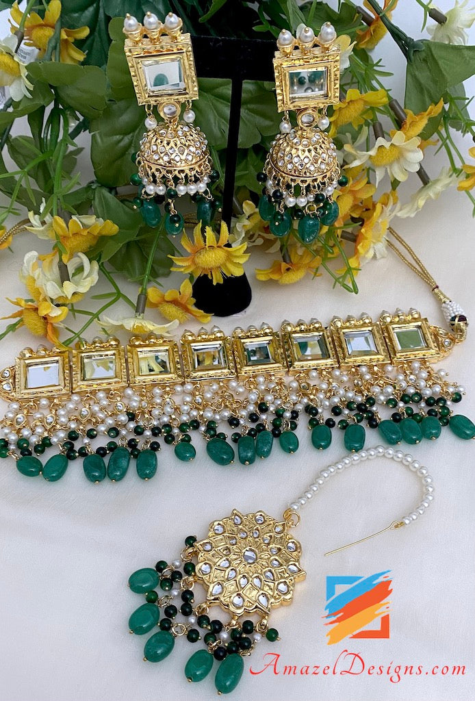 Girocollo verde Sheesha Jhumki Tikka Set