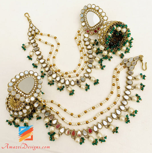 Green With Sahara Mirror Jhumka Earrings Tikka Set