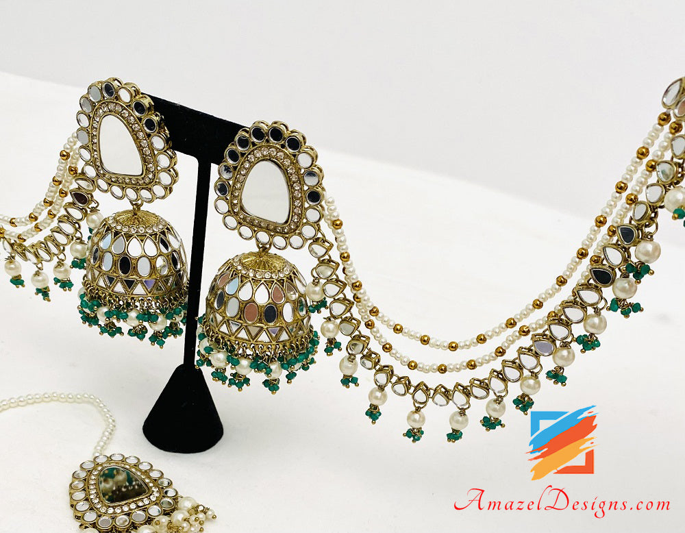 Green With Sahara Mirror Jhumka Earrings Tikka Set