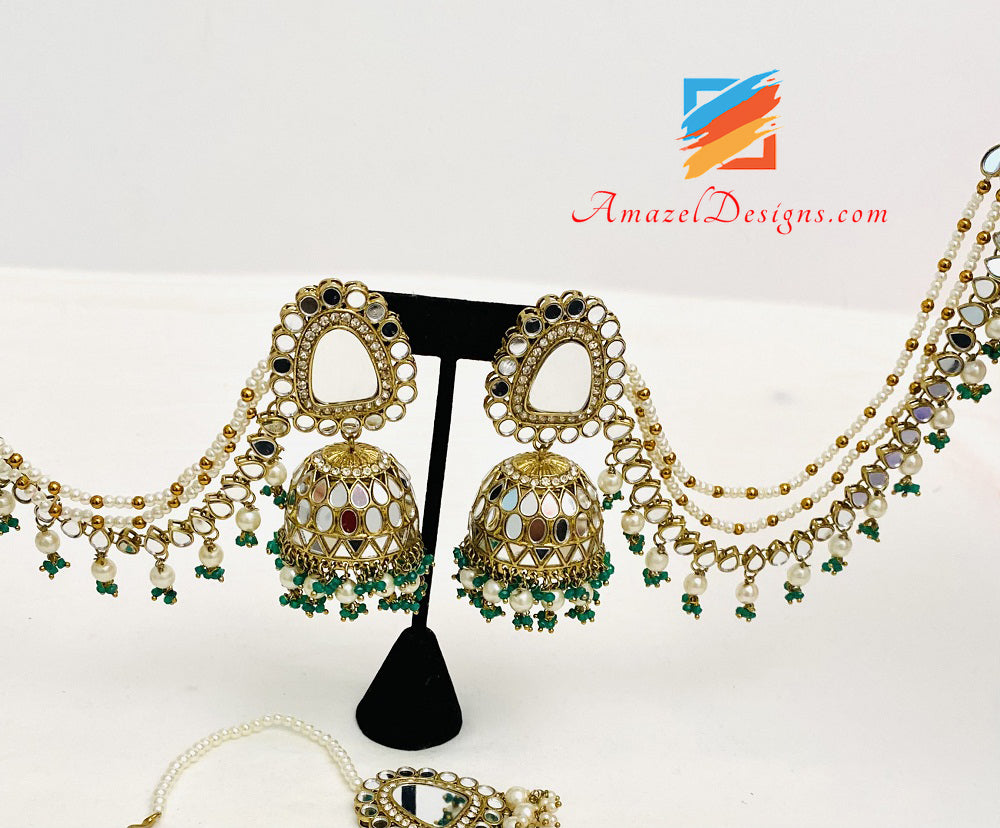 Verde Con Specchio Sahara Orecchini Jhumka Set Tikka