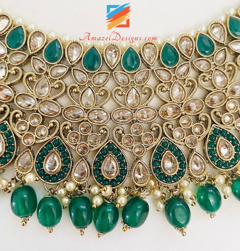 Collana da sposa Polki verde (smeraldo) Orecchini girocollo Set Tikka e Passa