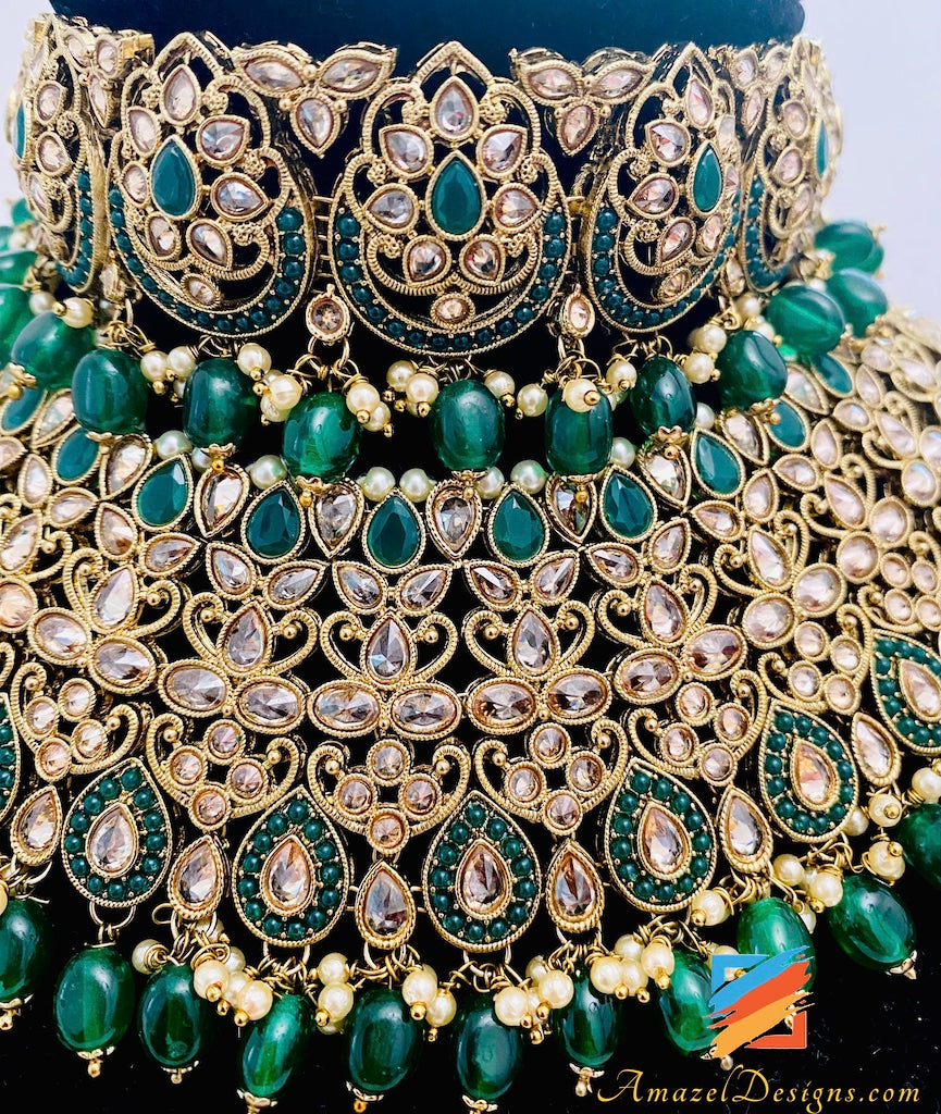 Collana da sposa Polki verde (smeraldo) Orecchini girocollo Set Tikka e Passa