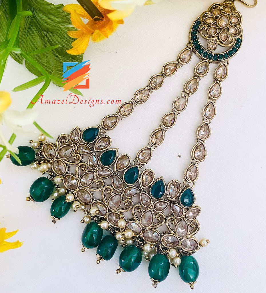 Collana da sposa Polki verde (smeraldo) Orecchini girocollo Set Tikka e Passa