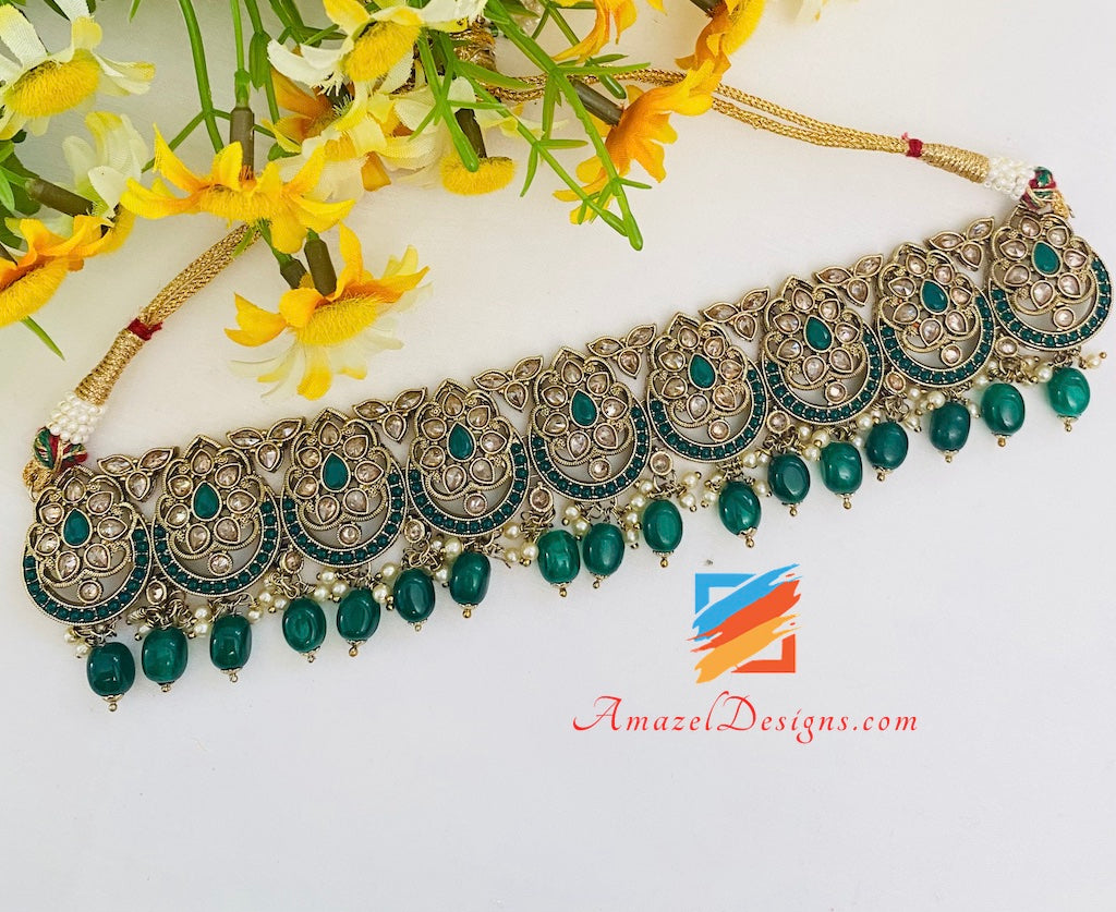 Collana da sposa Polki verde (smeraldo) Orecchini girocollo Set Tikka e Passa