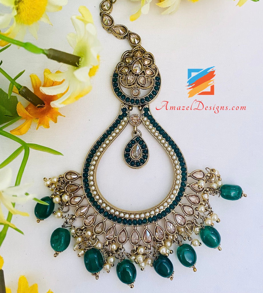 Collana da sposa Polki verde (smeraldo) Orecchini girocollo Set Tikka e Passa