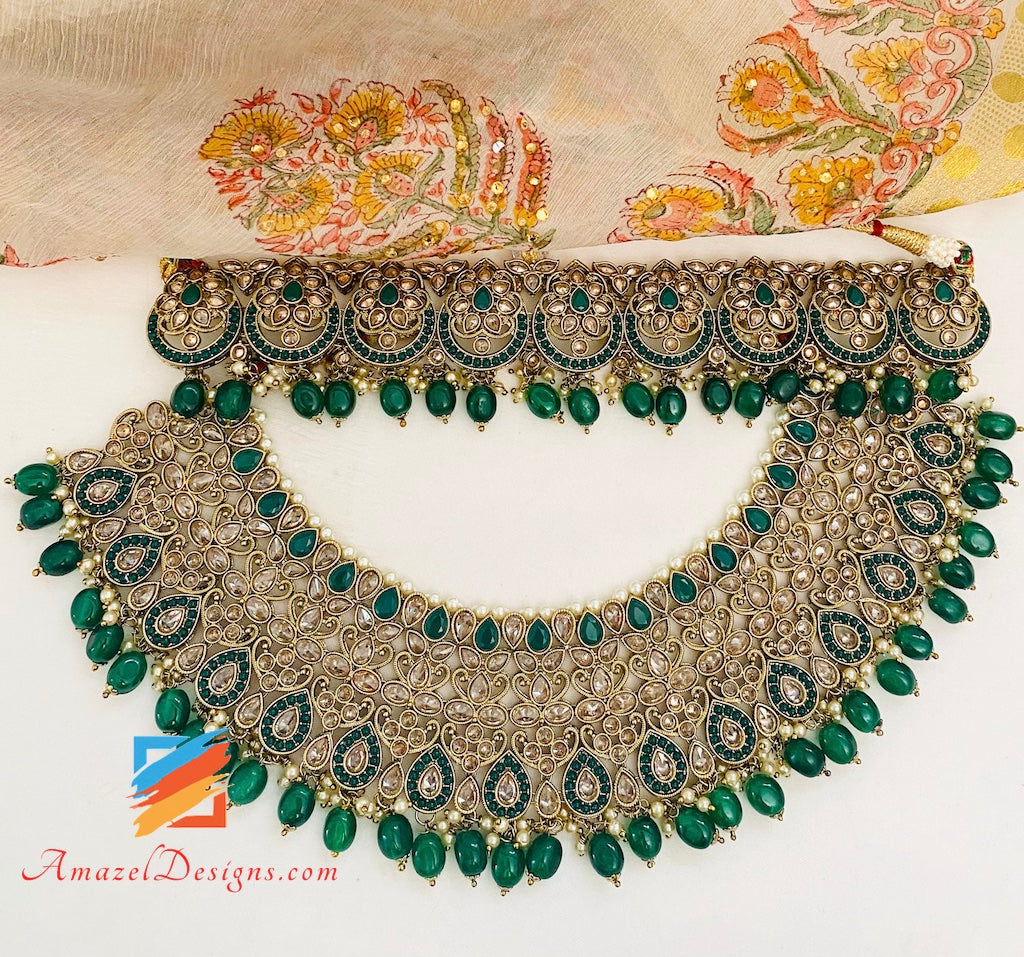 Collana da sposa Polki verde (smeraldo) Orecchini girocollo Set Tikka e Passa