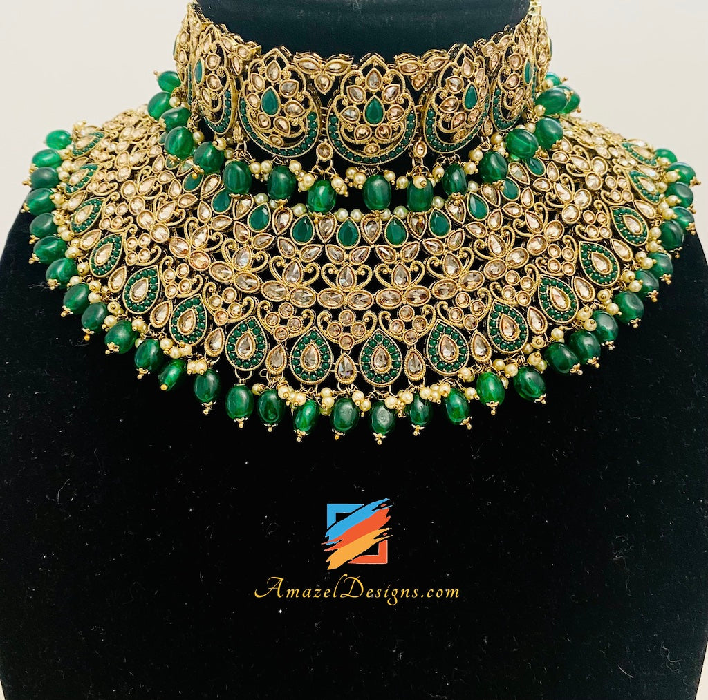 Collana da sposa Polki verde (smeraldo) Orecchini girocollo Set Tikka e Passa
