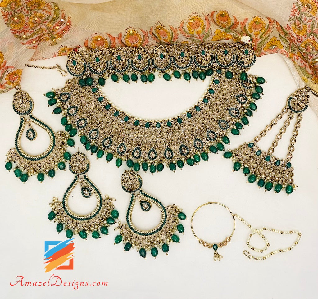 Collana da sposa Polki verde (smeraldo) Orecchini girocollo Set Tikka e Passa