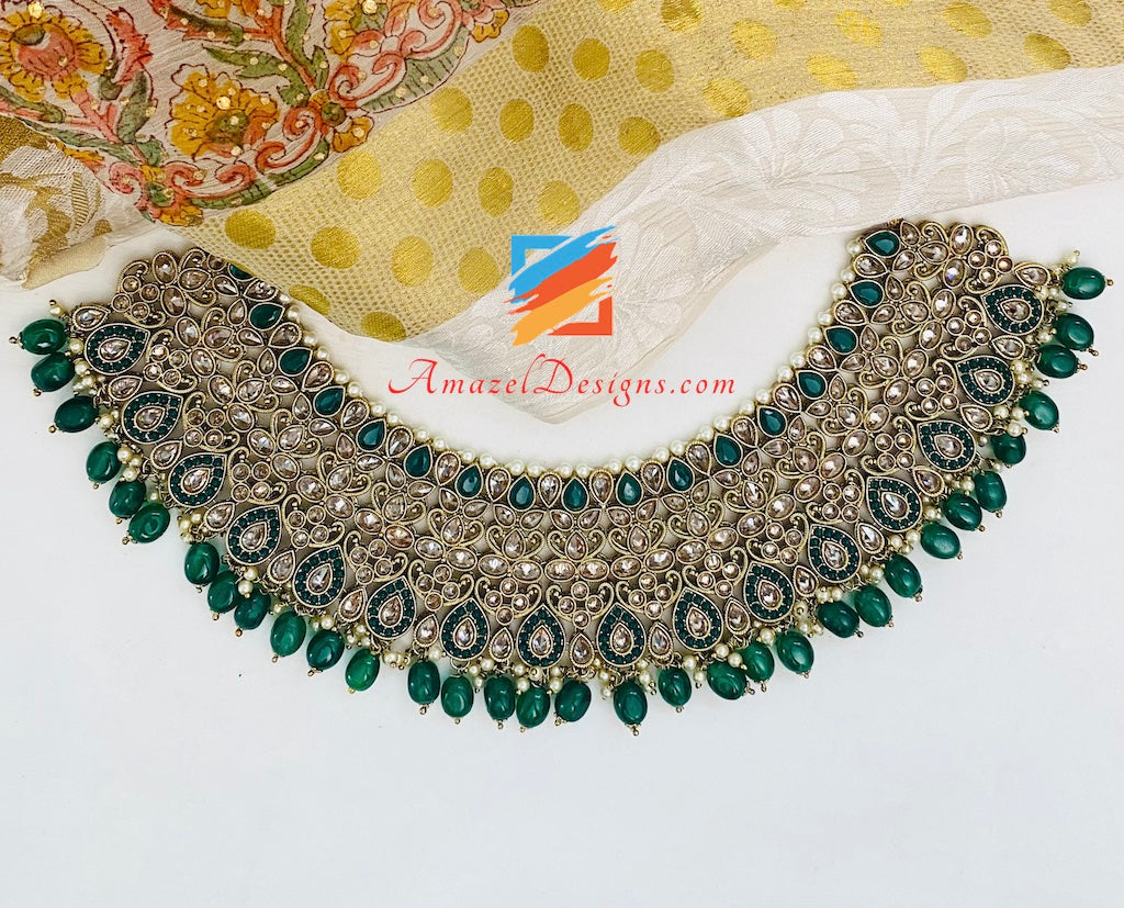 Collana da sposa Polki verde (smeraldo) Orecchini girocollo Set Tikka e Passa