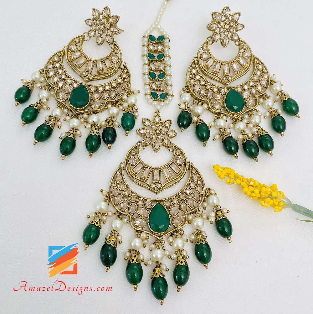 Green (Emerald) High Quality Polki Monalisa Necklace Earrings Tikka Set