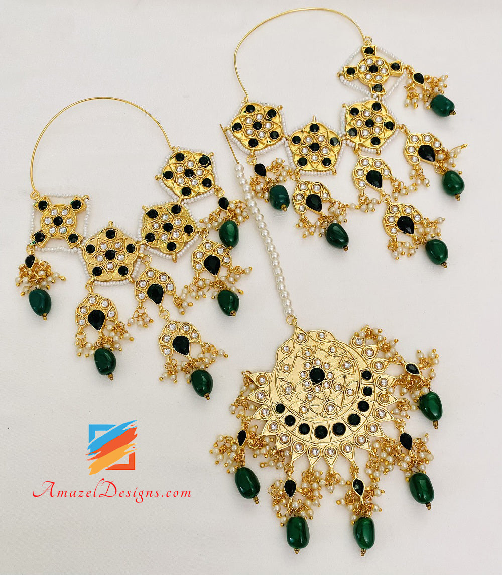 Green (Emerald) Kundan Choker Oversized Lightweight Balley Earrings Tikka Set