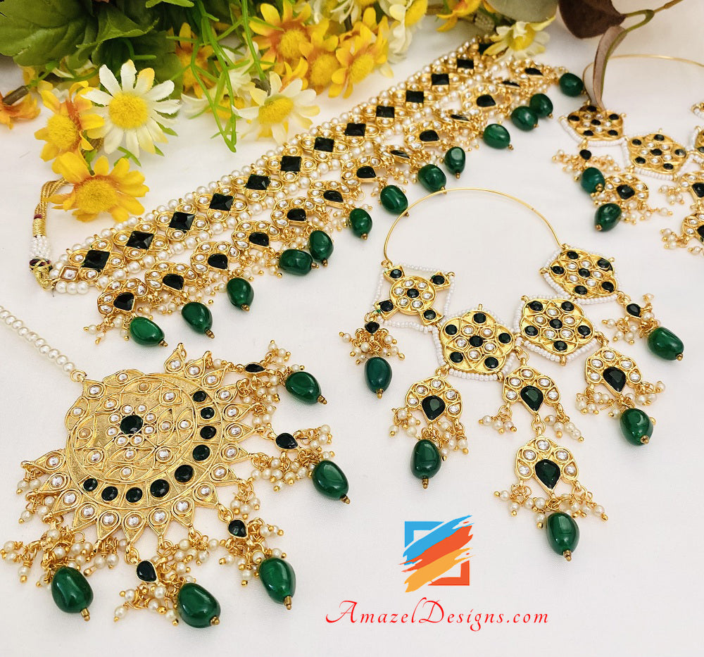 Green (Emerald) Kundan Choker Oversized Lightweight Balley Earrings Tikka Set