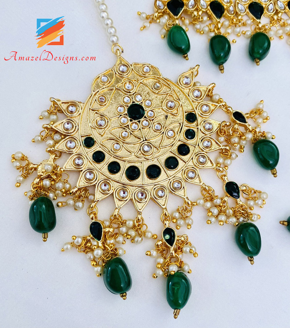 Green (Emerald) Kundan Choker Oversized Lightweight Balley Earrings Tikka Set