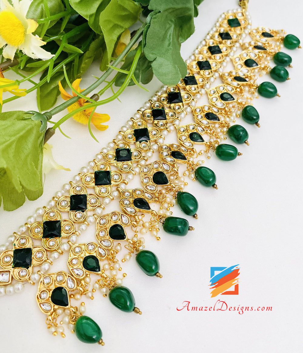 Green (Emerald) Kundan Choker Oversized Lightweight Balley Earrings Tikka Set