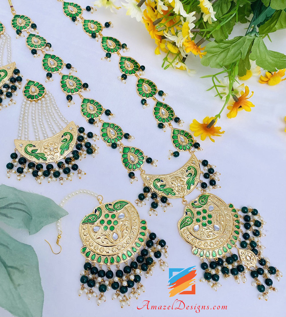 Green (Emerald) Morni Kundan Meenakari Extremely Lightweight Long Haar Earrings Tikka Set