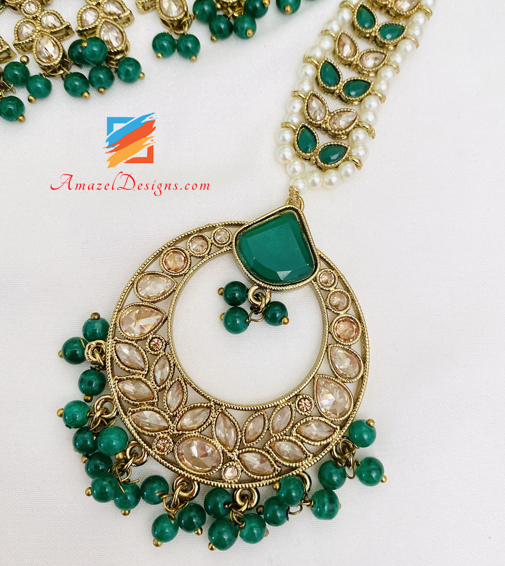Green (Emerald) Monalisa Polki Necklace Earrings Tikka Set