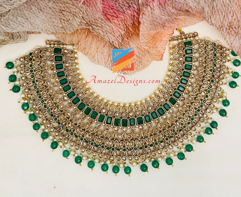 Green (Emerald) Polki Necklace Choker Earrings Tikka Nath and Passa Set